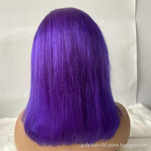 100% virgin human hair Short Bob Purple Blue Color Wigs,Straight 13*4 Lace Front Human Hair Wigs For Black Women